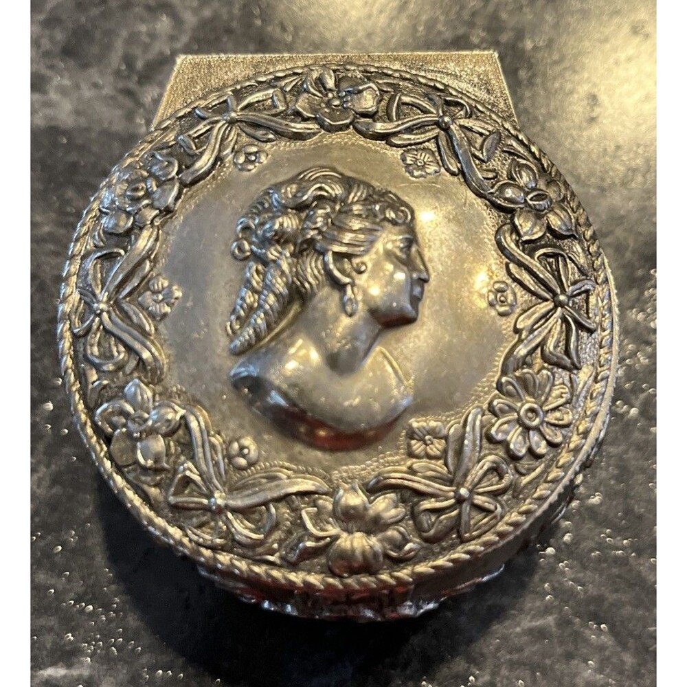 Vintage cameo style Silver tone Lined Trinket Jewelry Box 2 1/2 x 2 in